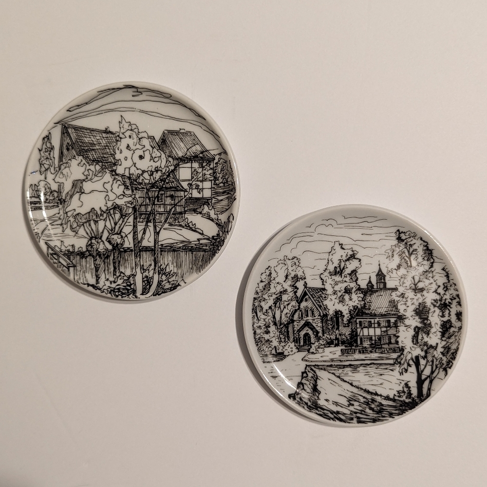 Vintage Sparkasse Heiligenhaus Black & White Set of 2 Miniature Porcelain Plates